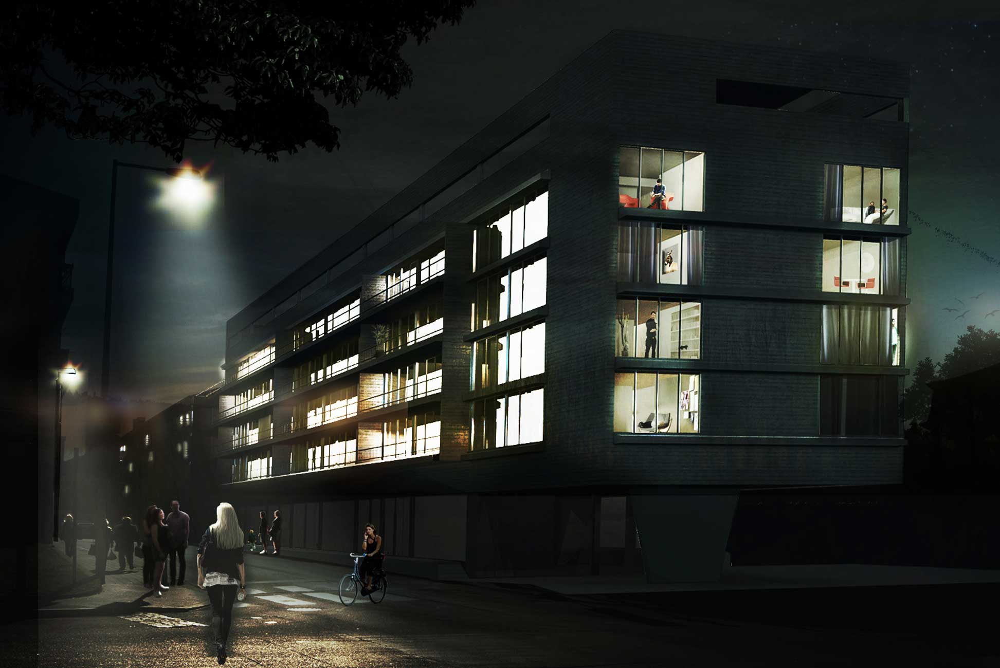 A computer generated image illustrating the Collective Housing as seen from the outside at night