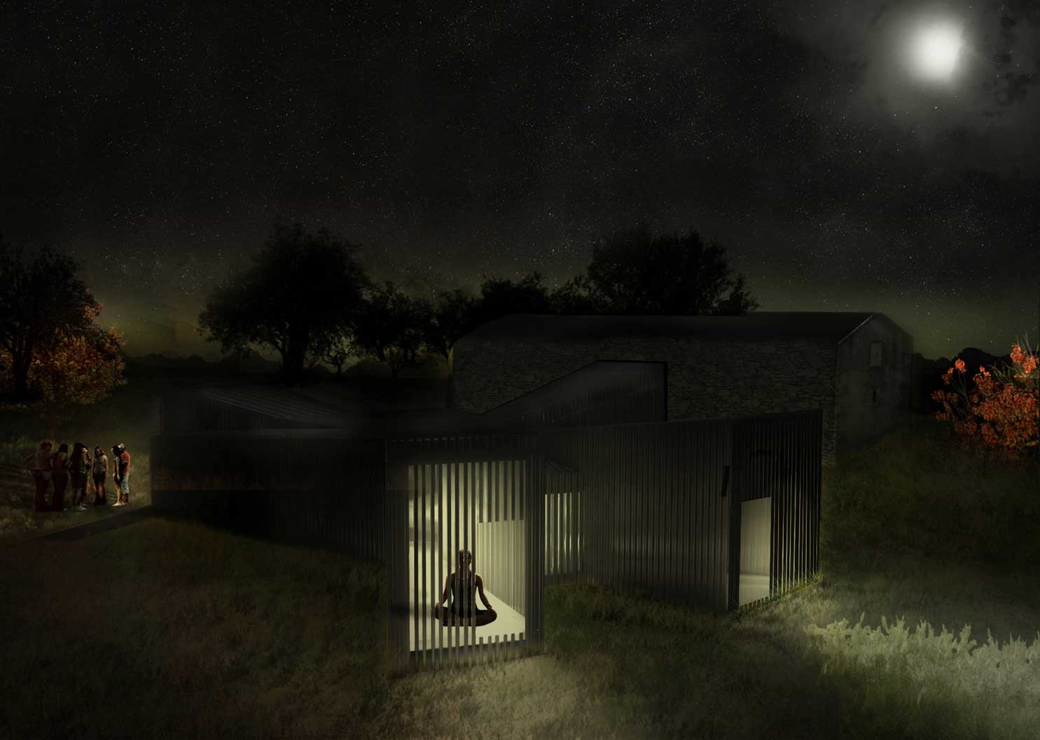 A computer generated image illustrating the Shelter for Pilgrims at night from an aerial view